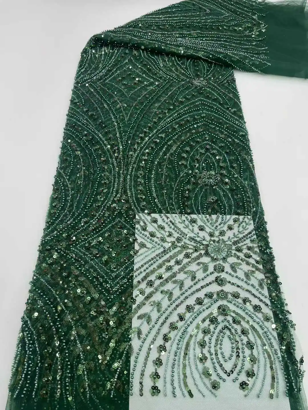 Luxury African Sequins Beaded Lace Fabric 2025 High Quality Lace 5 Yards French Lace Fabric Nigerian Lace Fabrics Party Dress