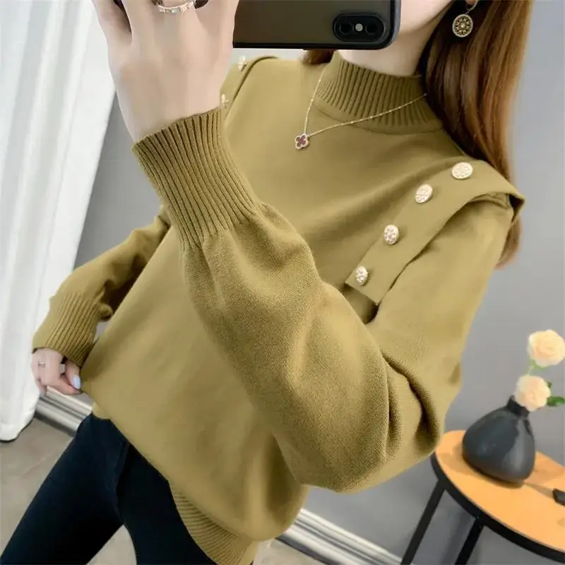Fall Winter Half-Turtleneck Sweater Women Button Patchwork Long Sleeve Knit Pullover All-Match Bottoming Kniwear Top Oversized