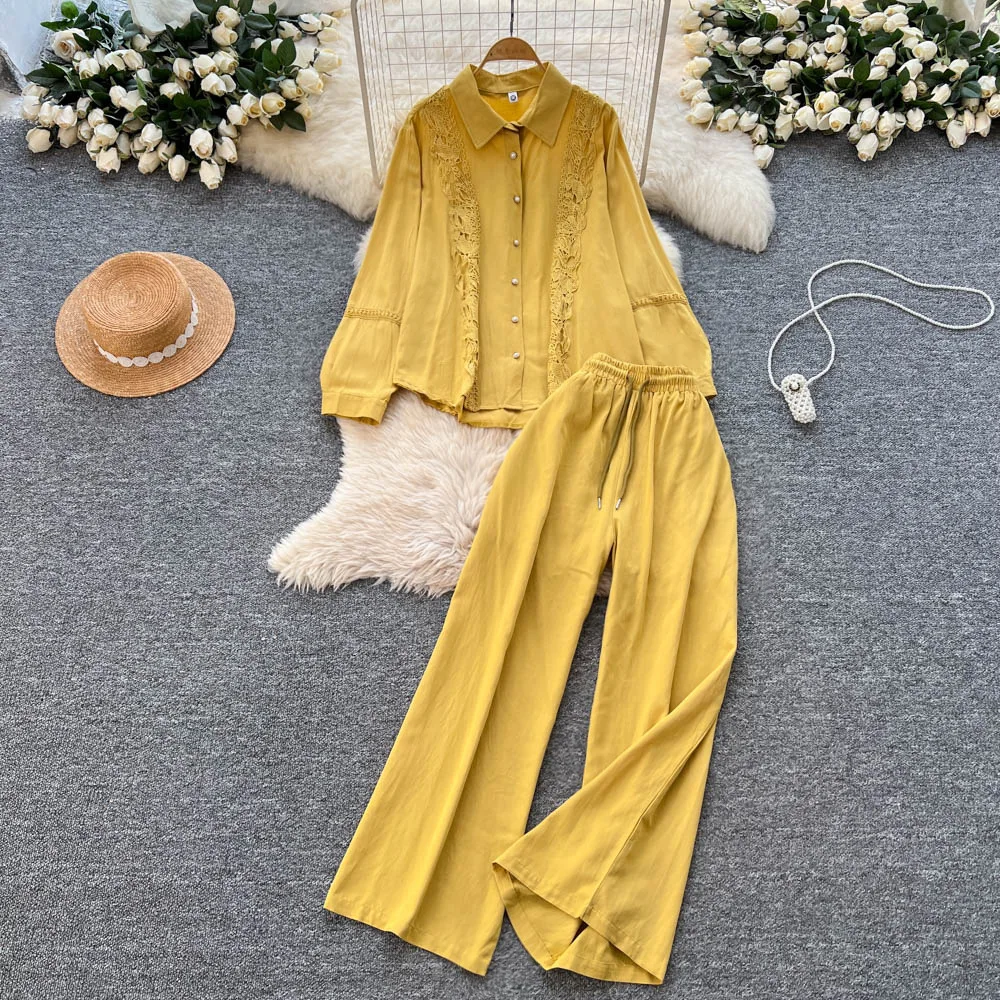 

Women Two Pieces Pant Sets Solid Matching Sets Lace Spliced Button Turn Down Collar Shirt Drawstring Wide Leg Pant 2025 Autumn