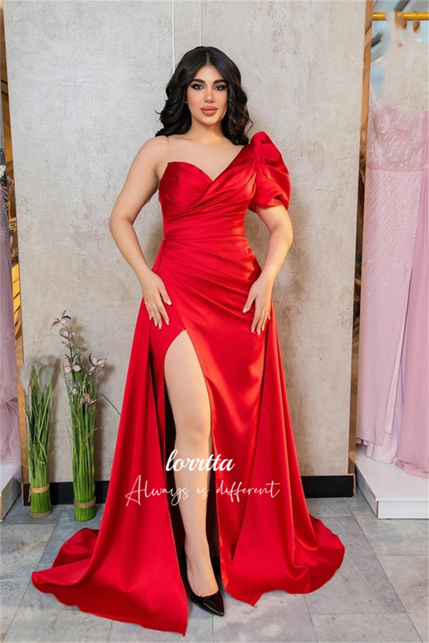 

Lorrtta Mermaid Red Evening Dress One Shoulder Sleeve Satin Ball Gown Puff Sleeves Eid Women's Elegant Dresses for Parties 2024