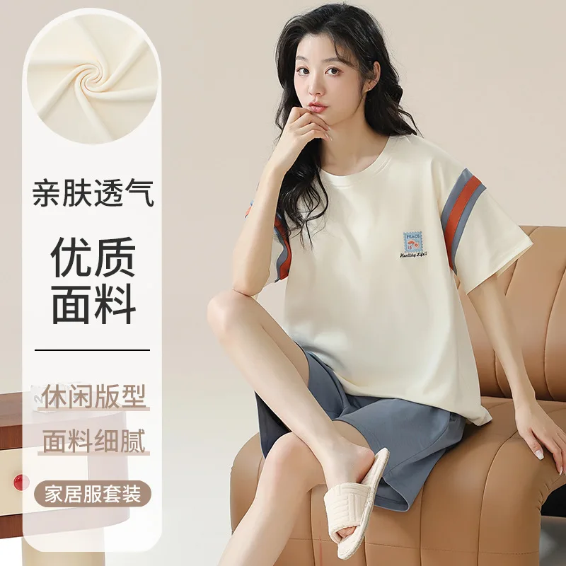 

Спортивный стиль, хлопковая ночная рубашка на лето, женская короткая одежда для сна, шорты с круглым вырезом, пижамный комплект, большой размер M-2XL, пижамы Mujer