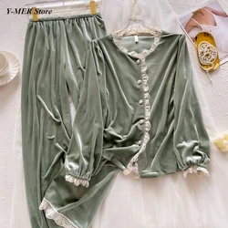 Autumn Winter New Sleep Set Warm Velour Pajamas 2 Piece Set Outfit Elegant Lace Trim Home Clothes Loose Loungewear Pyjamas