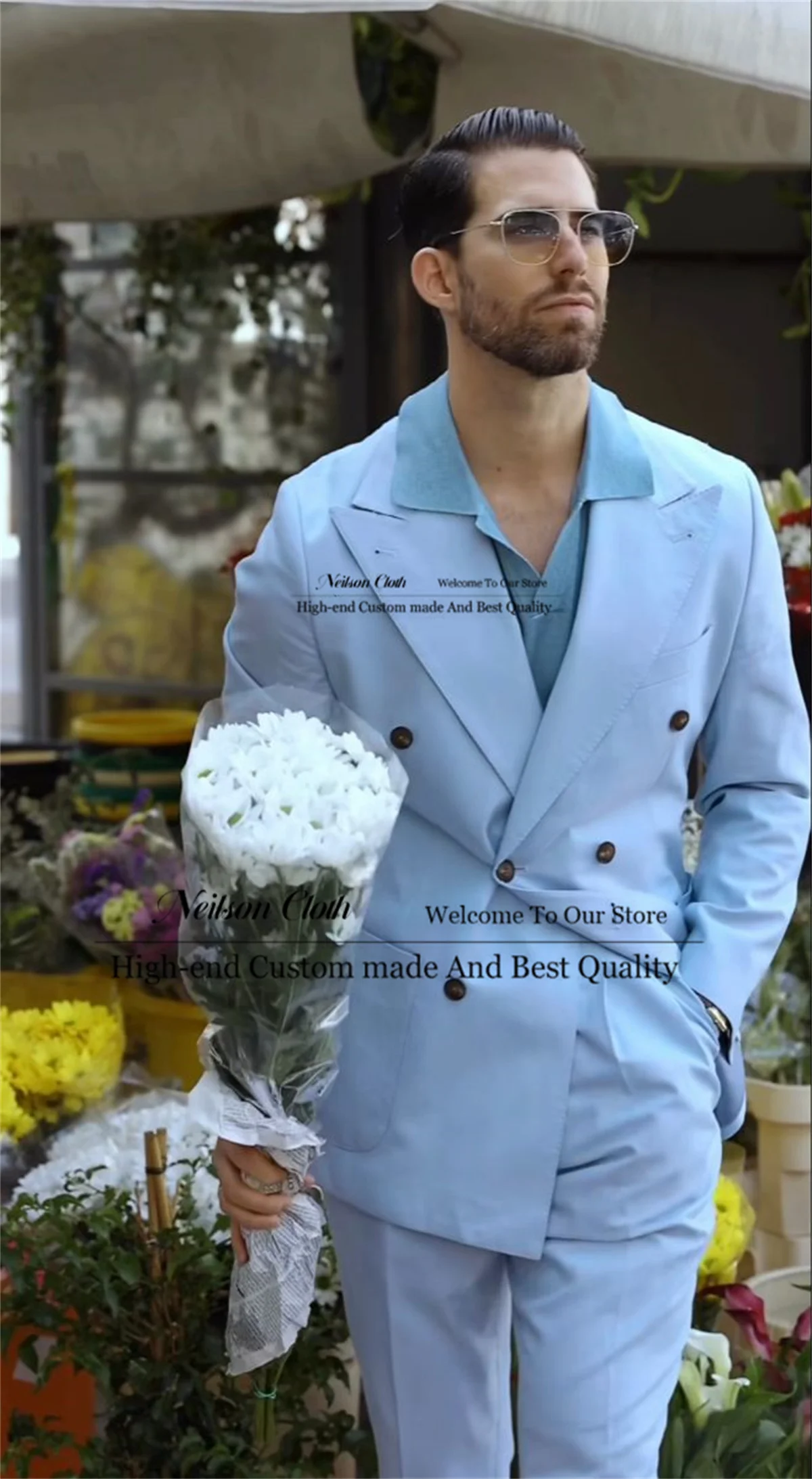 

Fashion Sky Blue Male Prom Blazers 2 Pieces Sets Double Breasted Groom Wedding Tuxedos Customized Peaked Lapel Terno Masculino