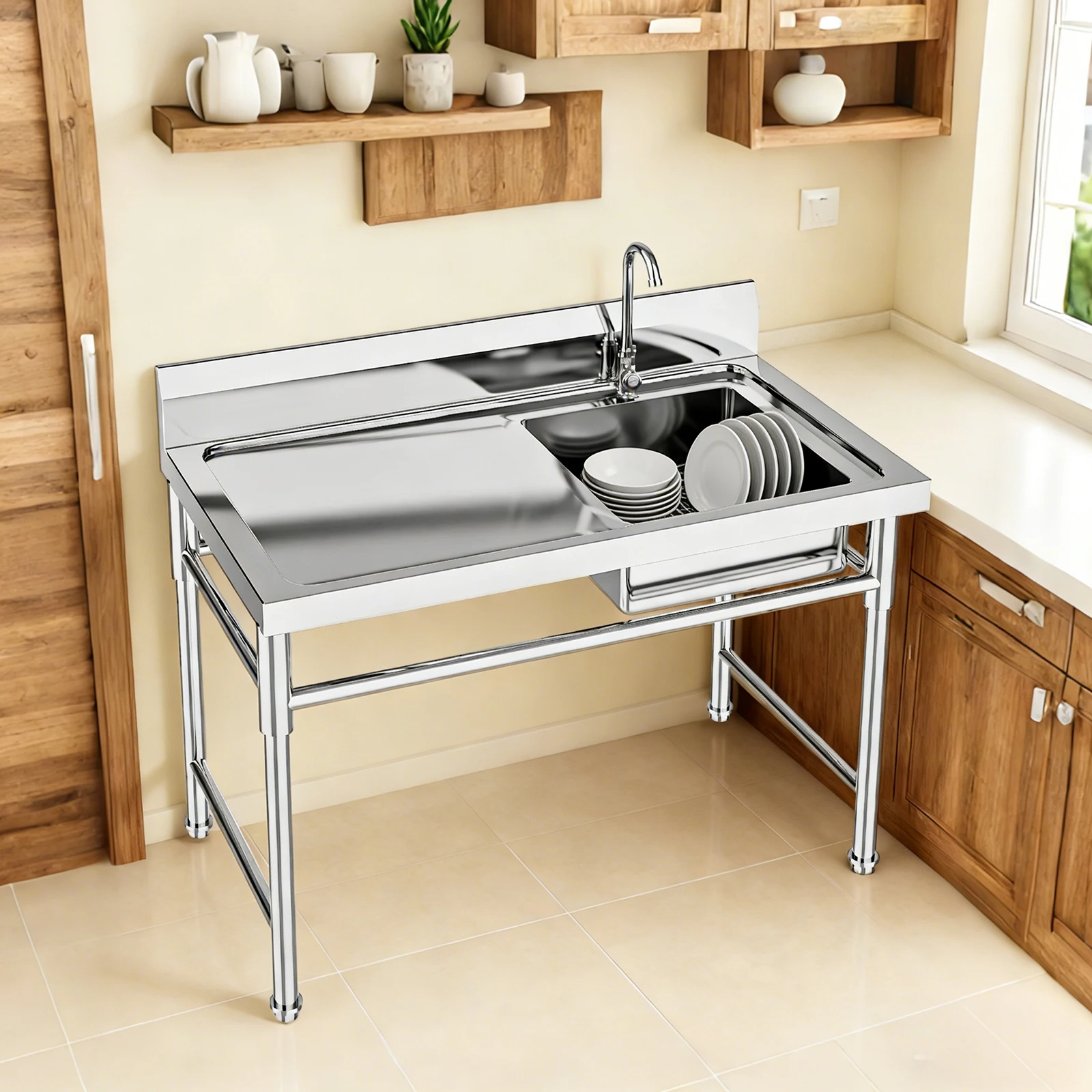 47.2x31.49inch Commercial Sink with Faucet Thick Stainless Steel Single Bowl Restaurant Kitchen Sink Freestanding with Board