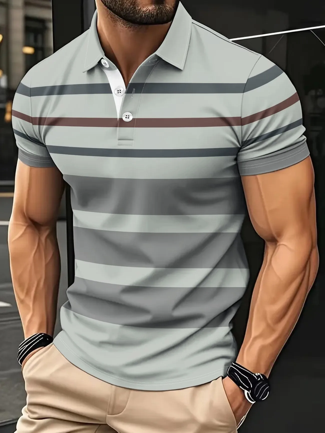 Men's Summer Short Sleeve Polo Shirt Button-Up Striped Top for Warm Weather