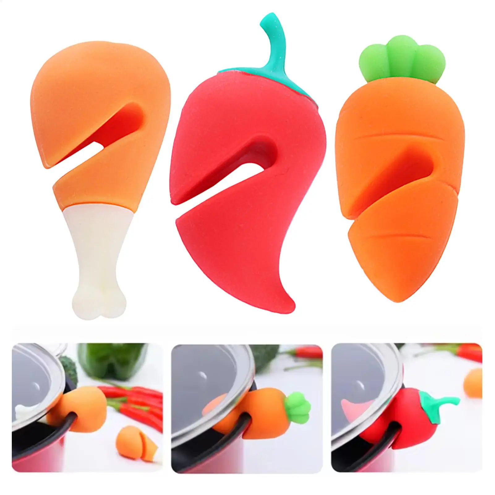3Pcs Silicone Pot Lid Anti-spill Rack Heat-Resistant Pot Lid Lifter Chili Peppers / Chicken Legs/ Carrots Shape Pot Cover holder