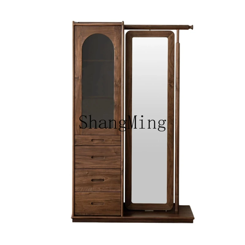 SM black walnut coat rack full-length mirror integrated solid wood simple locker floor rotating mirror