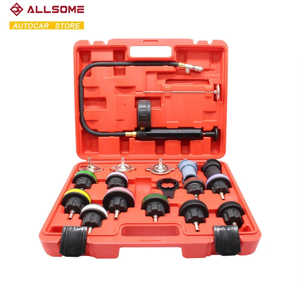 ALLSOME 18pcs Universal Radiator Pressure Tester Vacuum Type Cooling System Test Detector Set Tester Refroidissement