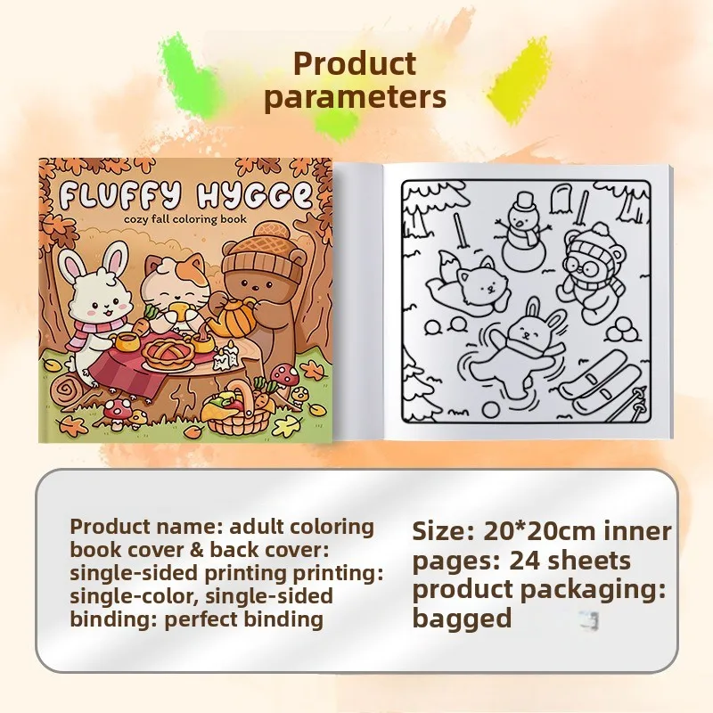Fluffy Hygge Cozy Fall Coloring Book Cute Animal Rabbit Bear Stress Relief Drawing Book