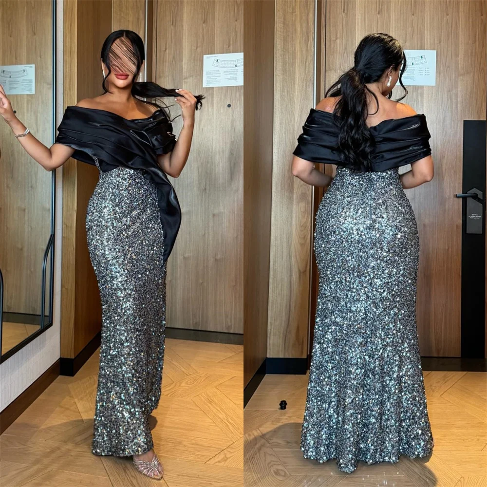 

Customized Evening Dress Saudi Arabia Dearin Off-the-shoulder Column Floor Length Skirts Sequin Layered Shirred Draped Bespoke O