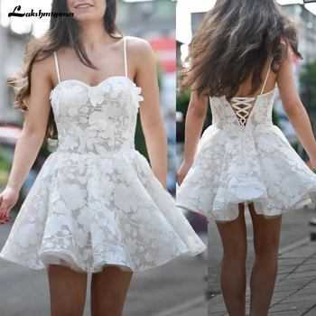 Lakshmigown-フローラルレースのウェディングドレス、ショートaラインドレス、ブライダルミニドレス、パーティーレセプションドレス