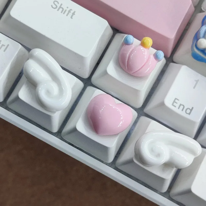 4Pcs Cartoon Crowns Heart Angel Wings Keycap Set for Cherry MX Switch Cute Handmade Custom Keycaps DIY WASD Key Creative Gifts