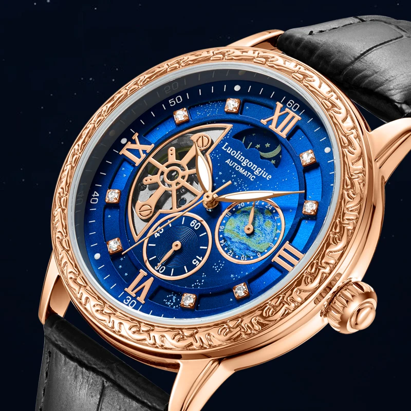 A Business-Style Hollow Tourbillon Mechanical Watch - Men's Watch with Skeleton Design, 24-Hour Day-Night Display, Skeleton Design, Round Alloy Case, Automatic Winding, No Battery Needed, Ideal Gift Watch.
