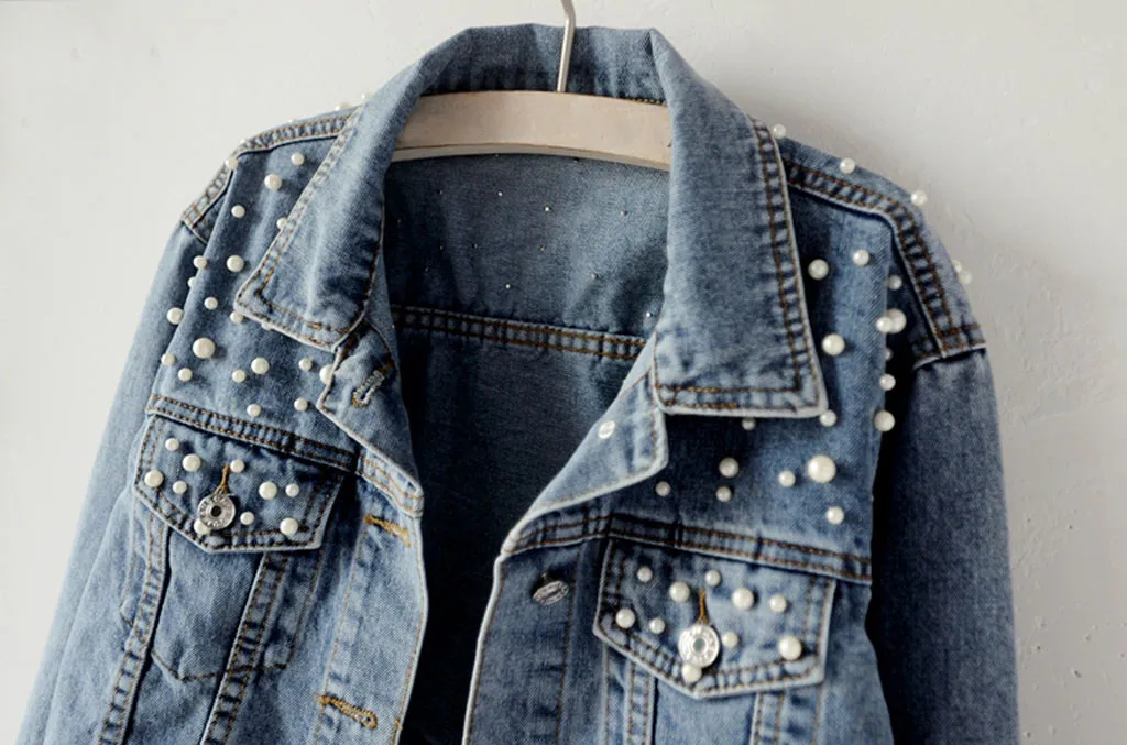 Plus Size Beaded Denim Jacket Women Spring Autumn New Outerwear Lapel Blue Jeans Jacket Woman Y2k Pearls Long Sleeves Overalls