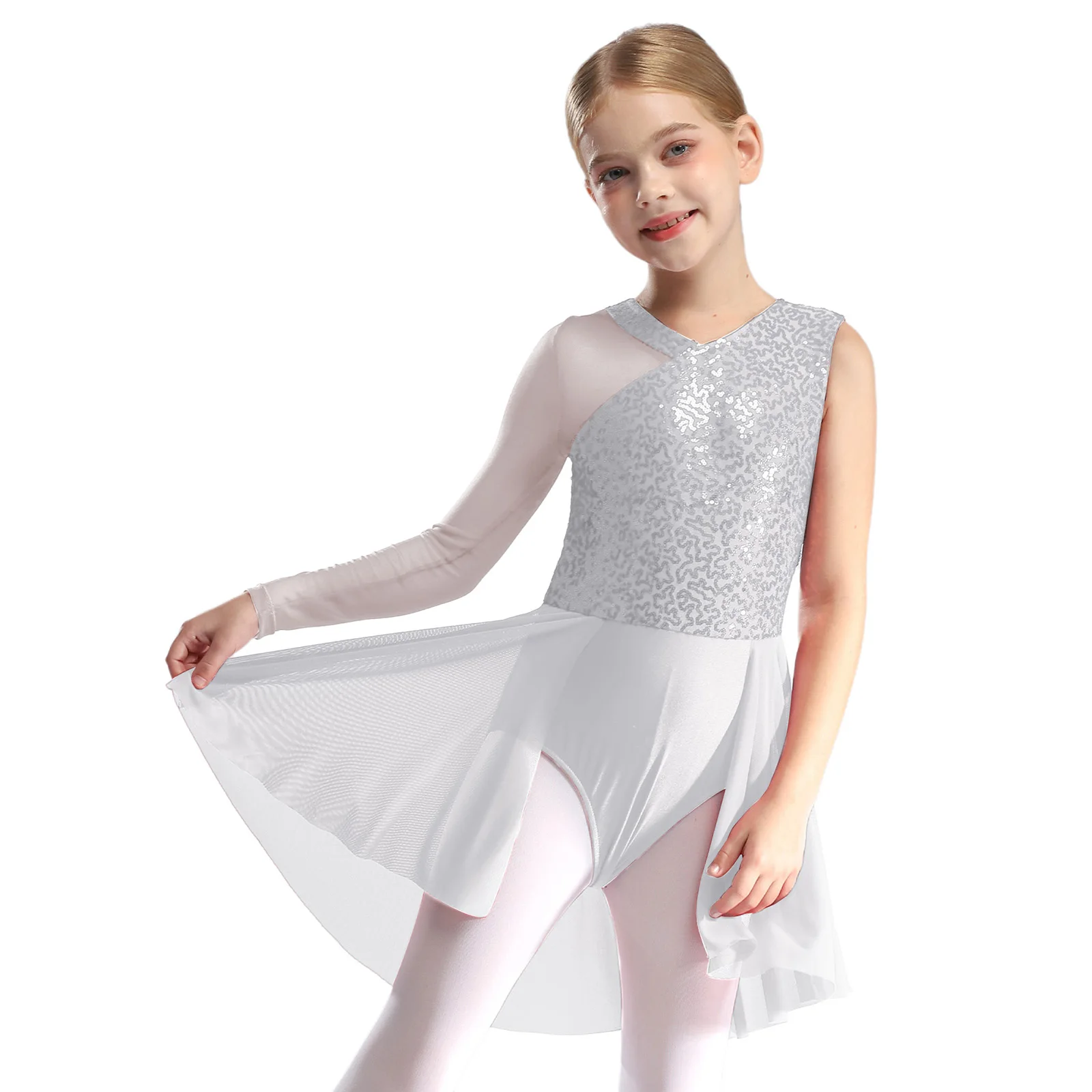 Kids Girls Figure Skating Dress Lyrical Dance Ballet Gymnastics Acrobatics Costume Long Sleeve Sequins Mesh Bodysuit dancewear