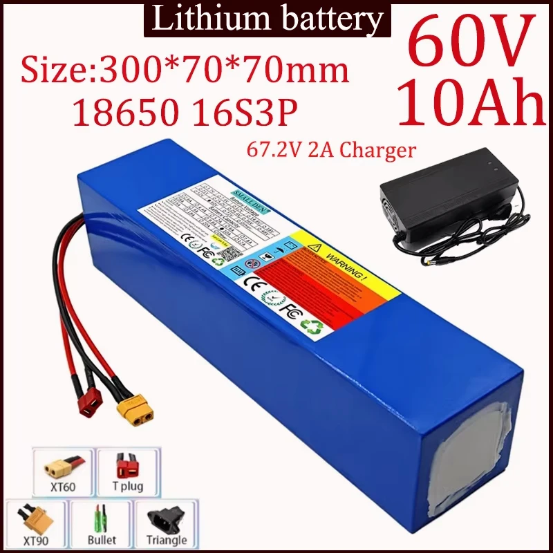 

Литий-ионный аккумулятор 60 В, 10 Ач, 18650 16S3P со встроенным BMS 30 А для хранения солнечной энергии 1800 Вт, резервный аккумулятор для электроинструмента + зарядное устройство