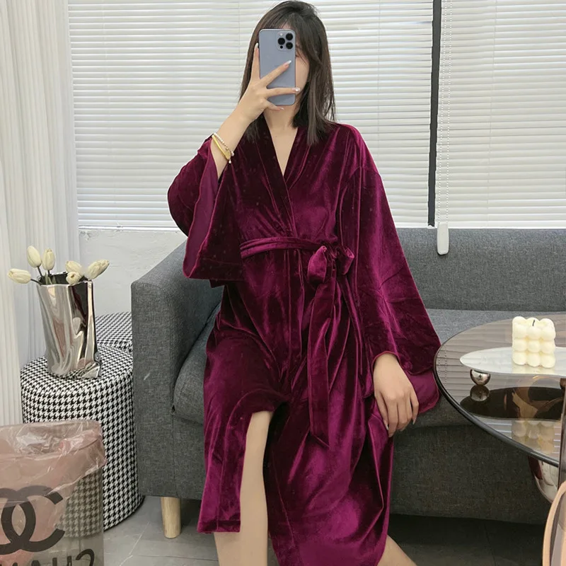 Loose Kimono Nightgown Winter New Robe Women Nightwear Bride Wedding Bathrobe Warm Velour Sleepwear Loungewear Intimate Lingerie