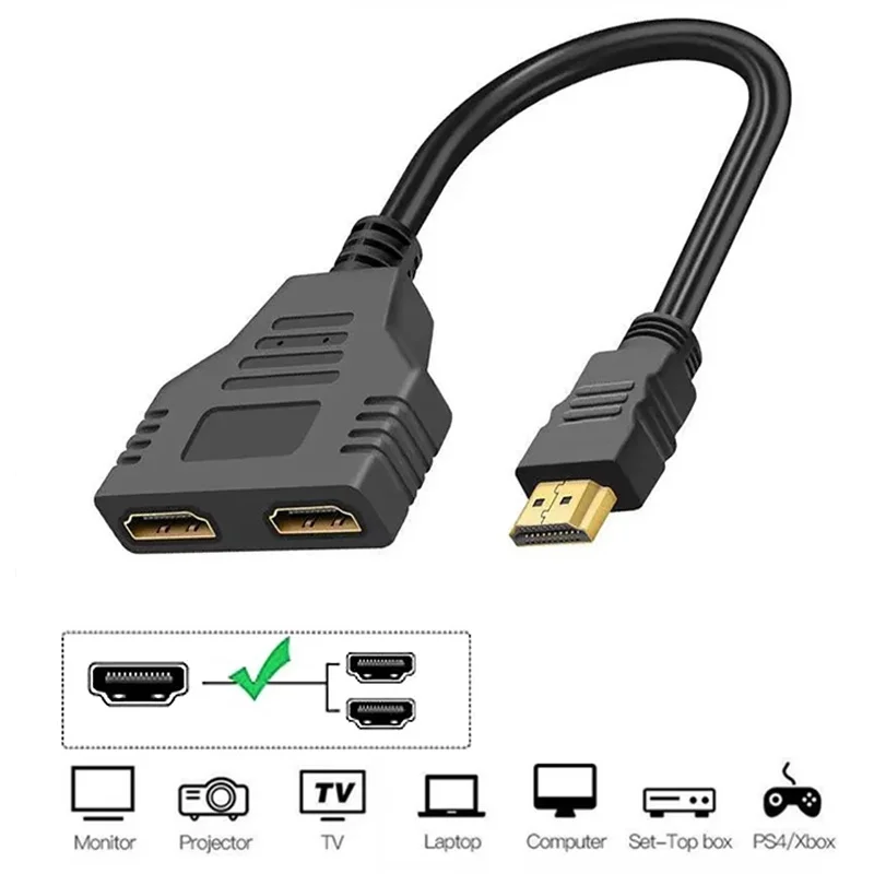 HD 1080P HDMI-compatible Splitter Adapter Cable 1 In 2 Out Dual Female Port Y Cable For Laptop TV Monitor PC DVD Projector Use