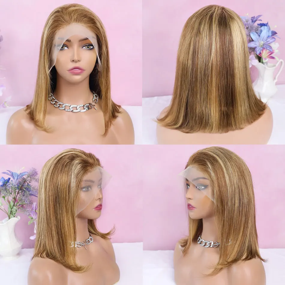 4/27 تسليط الضوء على شعر مستعار بوب شعر الإنسان مستقيم 13x4 Hd الدانتيل شعر مستعار أمامي 200% الكثافة قبل قطعها أومبير العسل شقراء قصيرة بوب الباروكات