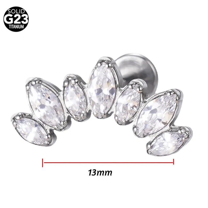 Sparkling Marquise CZ Curved Labret Top F136 Titanium Internally Threaded Lip Stud Helix Cartilage Piercing Jewelry
