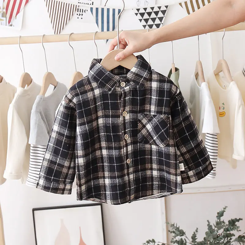 Fashion Boys Shirt New Plaid Style Kids Long Sleeve Shirts Children\'s Cotton Clothes Kids Boy Girls Thicken Blouses Velvet Tops