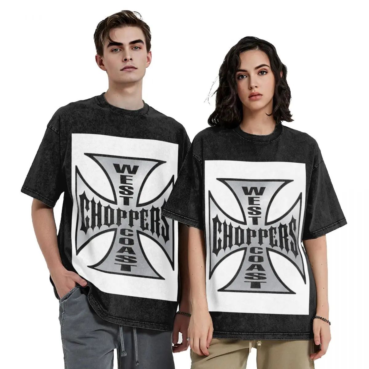 Personalized West Coast Iron Cross Choppers Hip Hop Short Sleeve T-Shirts Washed Tops Tees Streetwear T Shirt Vintage Men Women