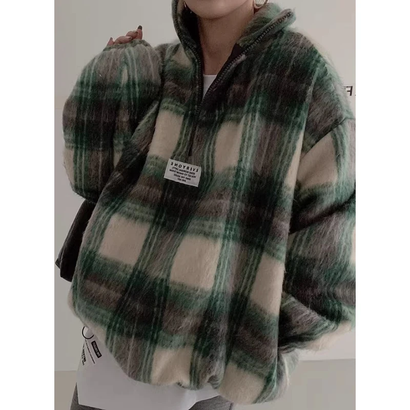 ZHISILAO Woolen Plaid Hoodies Women Casual Lattice Pullover Sweatshirts Autumn Winter 2024 Tops