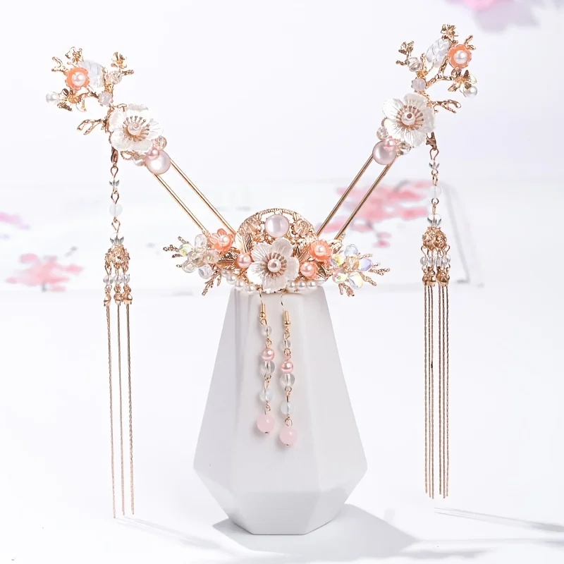 Chinese Style Pearl Crystal Hairpin Earring Set For Women Bride Party Hanfu Wedding Bridal Hair Accessories Jewelry Pin Band