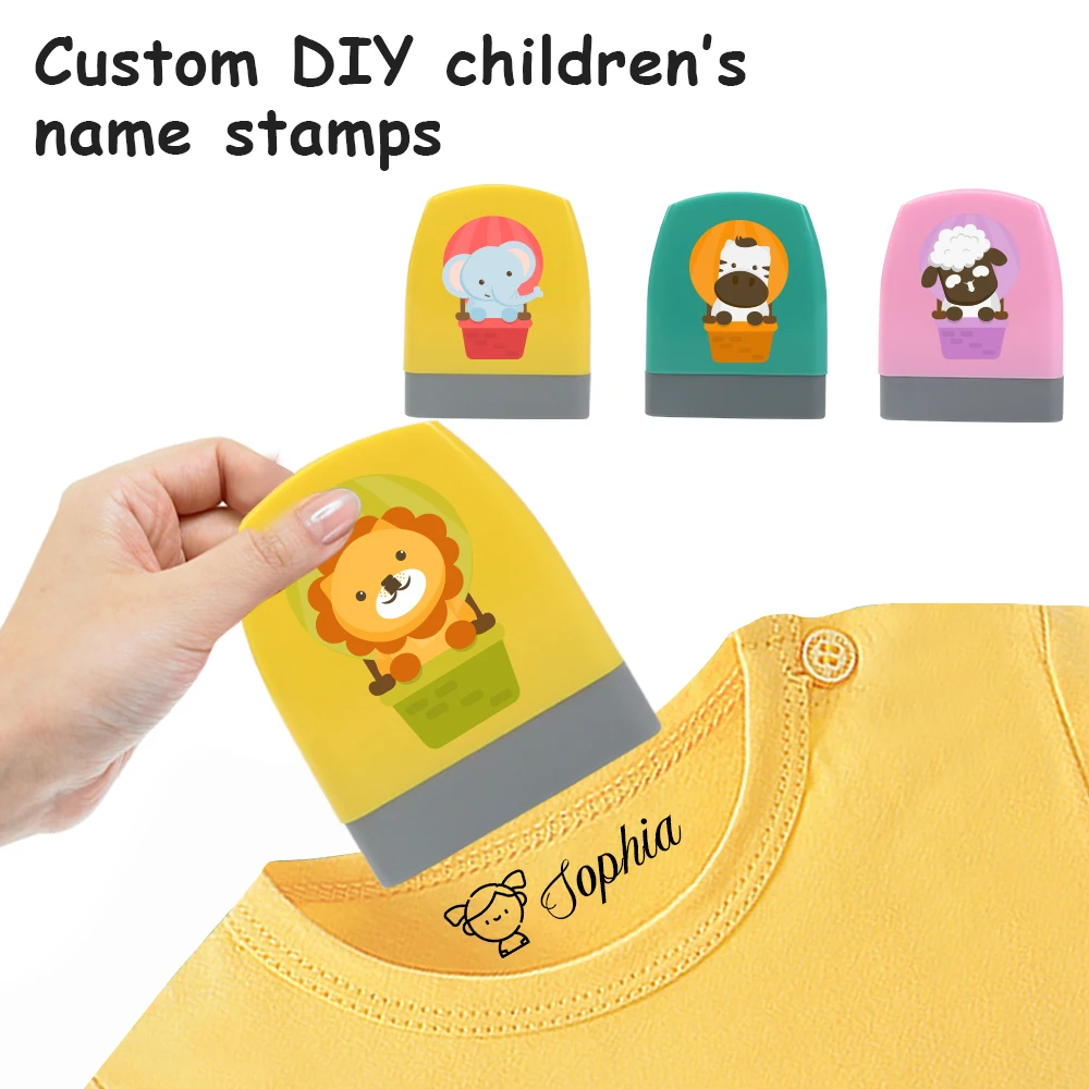 1 Stück personalisierbarer individueller Namensstempel, Elefanten, Zebras, Löwen, Krokodile, Schweine, Schafmuster, wasserfest, lichtecht und nachfüllbar