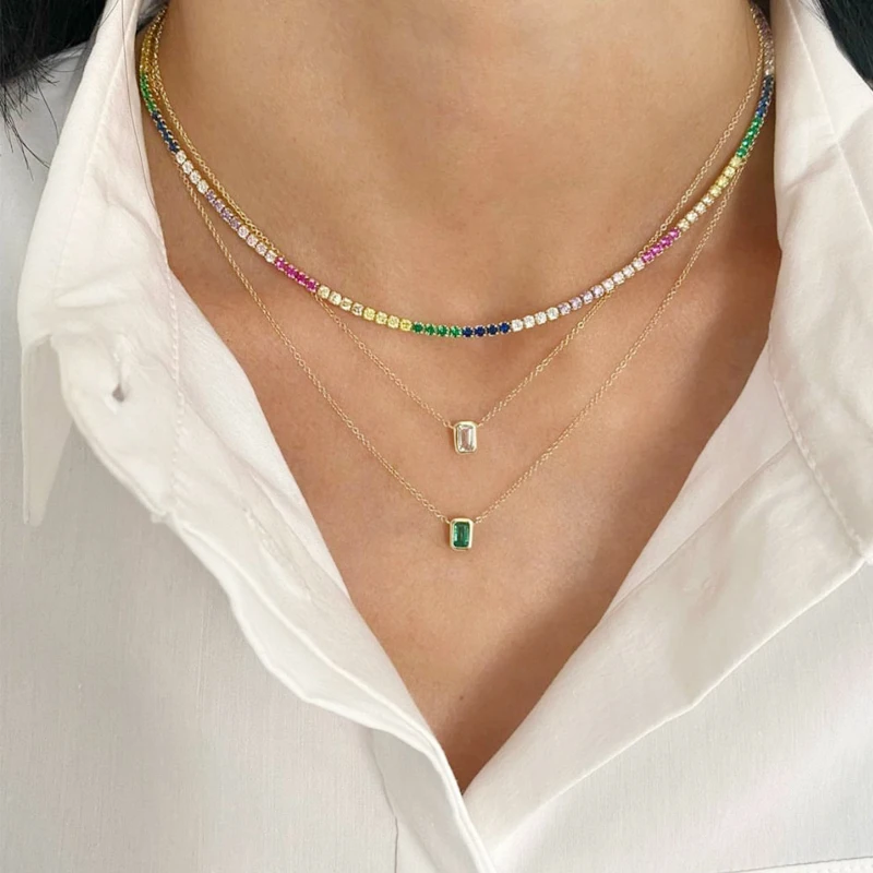 

Sexy Short Sparking Rainbow Tennis Chain Chocker Necklace With AAA+ CZ Fashion Personality Women Collar Jewellery bijoux femme