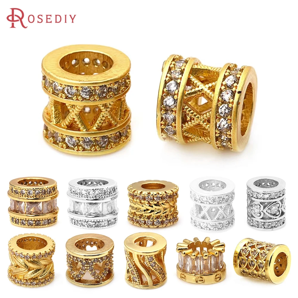 

18K Gold Color Brass Zircon Large Hole Cylinder Spacer Beads Bracelets Beads Jewelry Diy Accessories Making