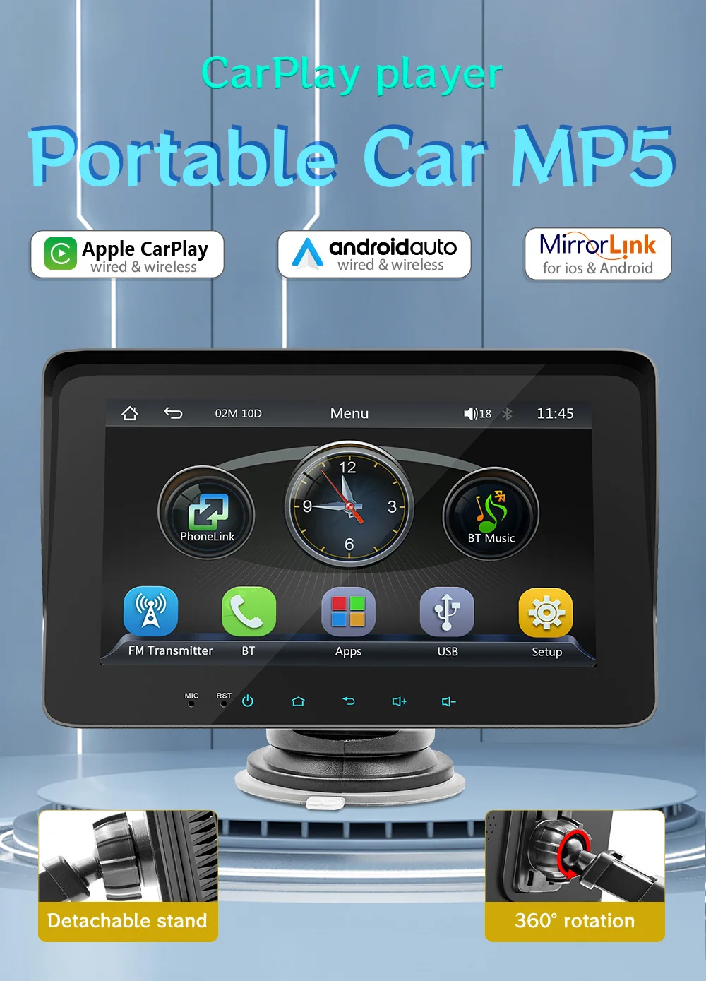 BQCC 7" For Universal Car Radio Wireless Carplay Android Auto Mirrorlink Portable Multimedia Car Player Colorful Button Lights image 2