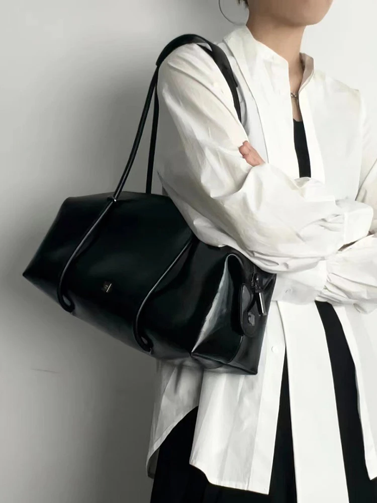 حقيبة كتف نسائية عصرية ذات سعة كبيرة من البولي يوريثان حقيبة وسادة بوسطن حقيبة صغيرة بمقبض بلون سادة وسحاب للإغلاق لحفلات العطلات #4