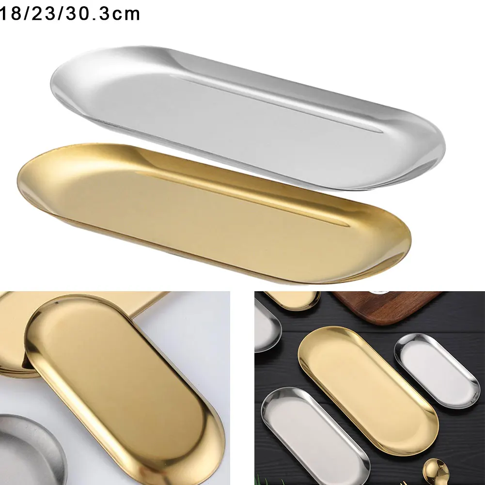 Stainless Steel Gold Silver Storage Tray Fruit Sancks Jewelry Display Plate Kitchen Organizer Tools Seal Clip Bean Towel Tray