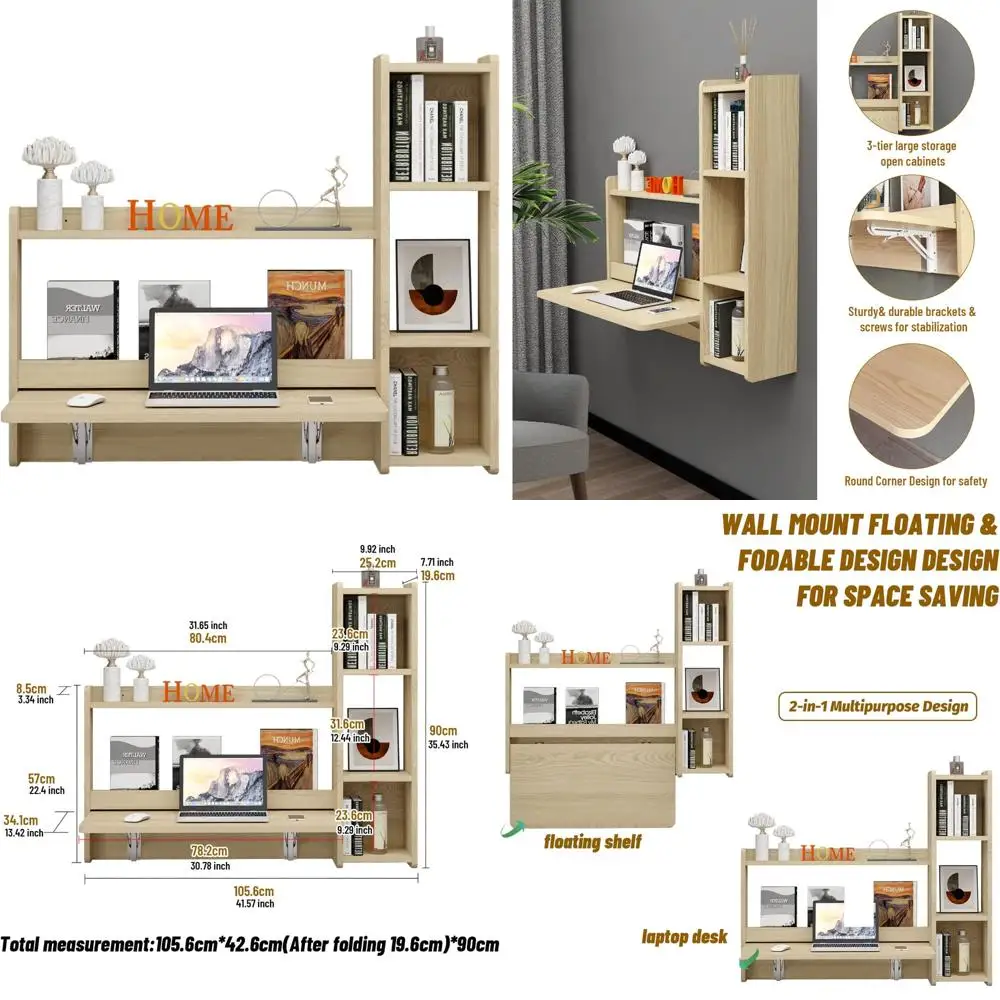 

41 Inch Wall-Mounted Folding Laptop Desk with Storage Shelves for Small Spaces in Bedroom