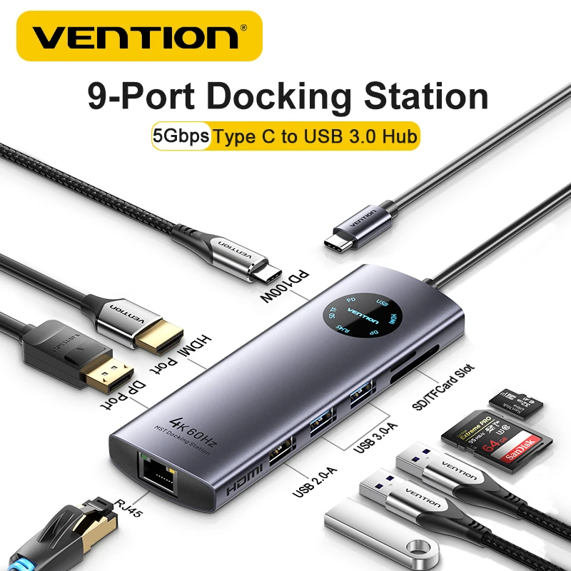 

Vention USB C hub 1000Mbps 9-in-1 USB-C to HDMI PD100W SD&TF RJ45 USB3.0 Docking Station for MacBook Pro Air Laptop DP Splitter