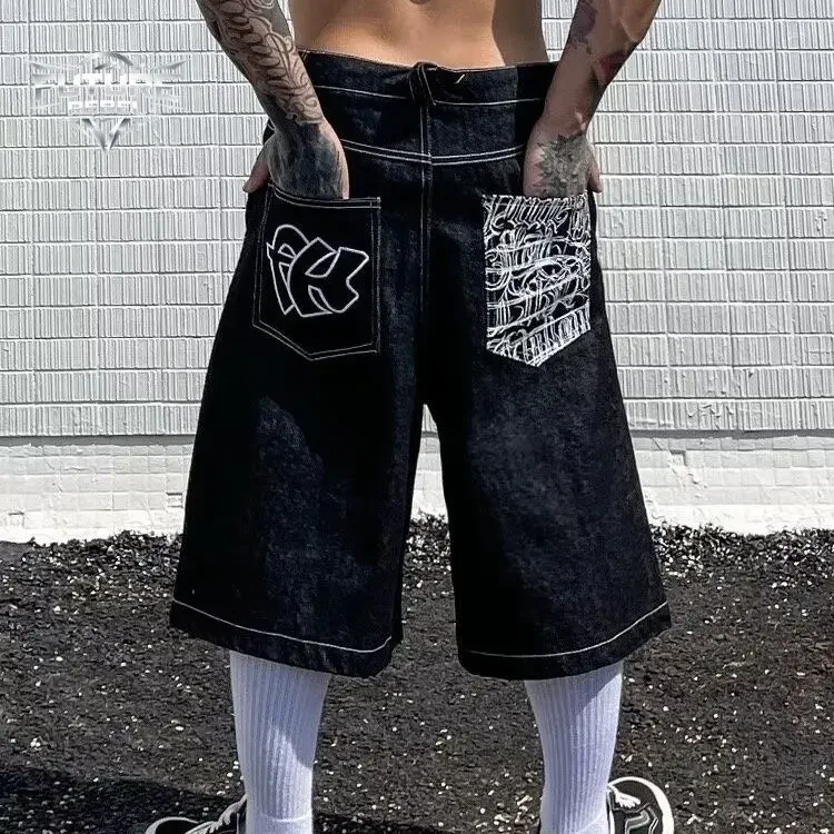 Men's Loose Denim Jorts Shorts with Black Graffiti embroidery Pockets, Hip-Hop Streetwear, Loose Knee Length Denim Shorts