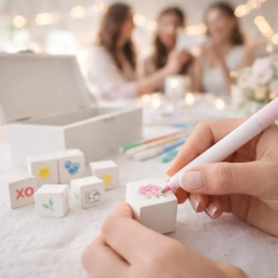 Baby Shower s Decorating Game 48 Wooden Cubes to Decorate, Storage Box, 12 Acrylic Markers and Instruction Sign