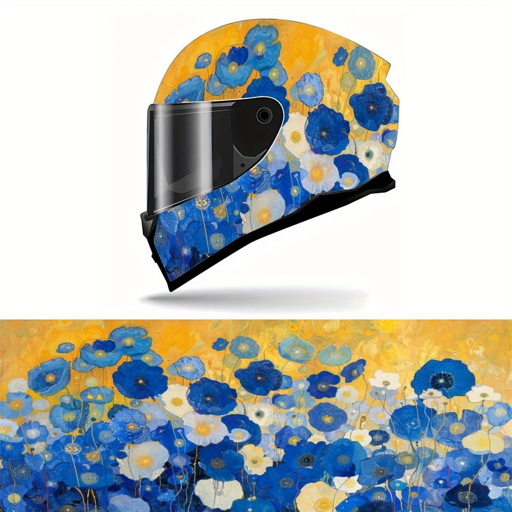 

Blue Floral Charm: Helmet decal with a dreamy blue floral theme graphic, vinyl motorcycle helmet graphic sticker film, heat insu