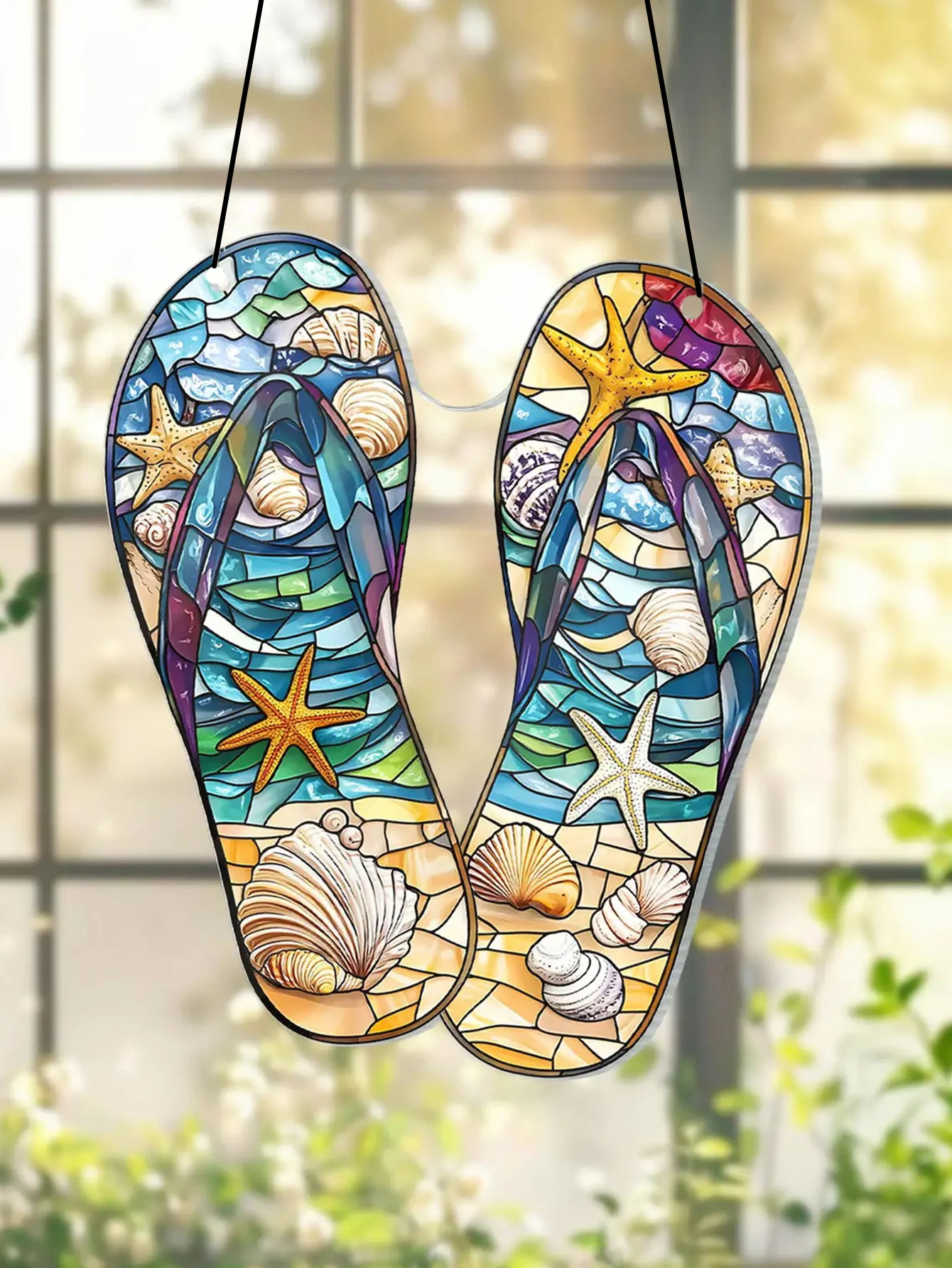 Acrylic Flip-Flops Suncatcher, Beach Style Slippers Pendant Decor with Starfish & Shell, Window Hanging Ornament, Wall Art Decor
