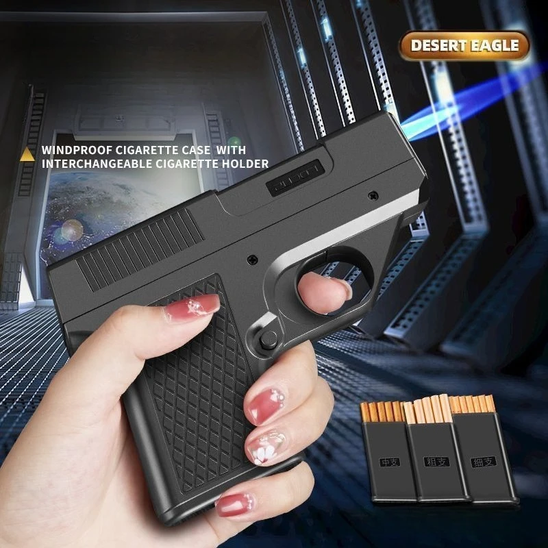 

Pistol Style Butane Gas Lighters with 3 Cigarette Holder Windproof Jet Blue Flame Lighters Smoking Accessories Come with Box