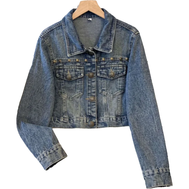 Autumn Women Fashion Beaded Vintage Washed Blue Short Denim Jacket Casual Lapel Long Sleeve Female Cowboy Outerwear Streetwear