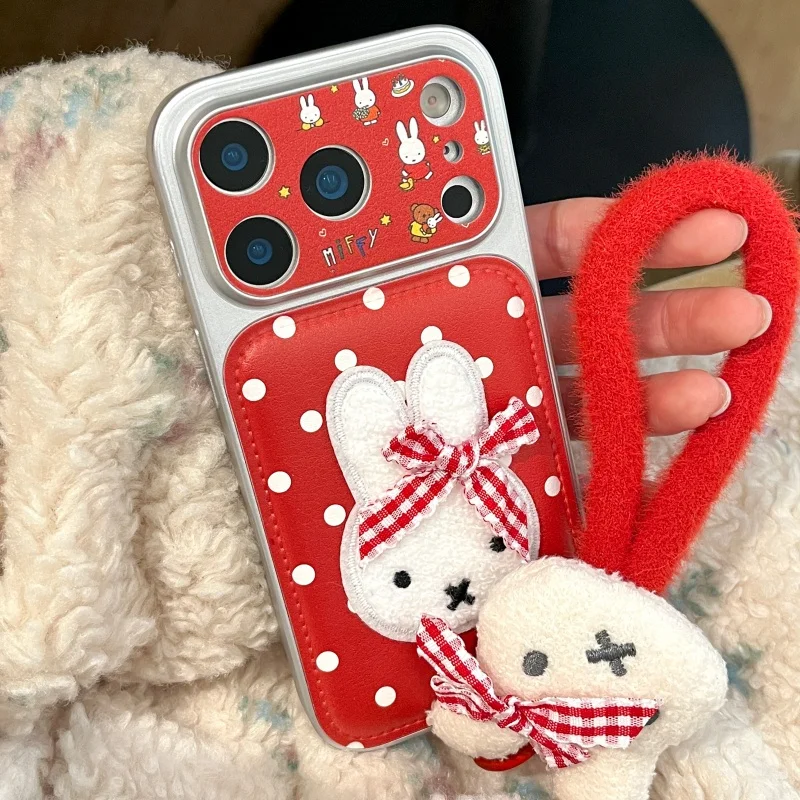 

Fashion Embroidered Miffy Rabbit Polka Dot Phone Case For iPhone 17 Pro 16 15 14 Pro Max Cover with Hand Rope Strap Cartoon Case