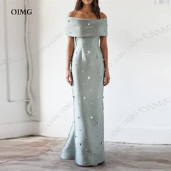 OIMG Mint Green Off Shoulder Beach Satin Prom Gowns Crystals Beads Short Sleeves Dubai Saudi Arabic Long Evening Dresses