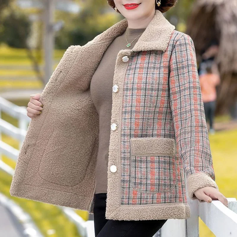 Fashionable Thickened Fleece Lined Loose Outerwear Warm Top for Middle-Aged And Elderly Women Autumn