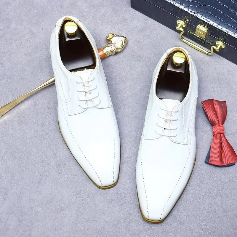 Newest Lace-up Business Office Formal Shoes Genuine Leather Italian Men Shoes White Wedding Dress Oxford Shoes