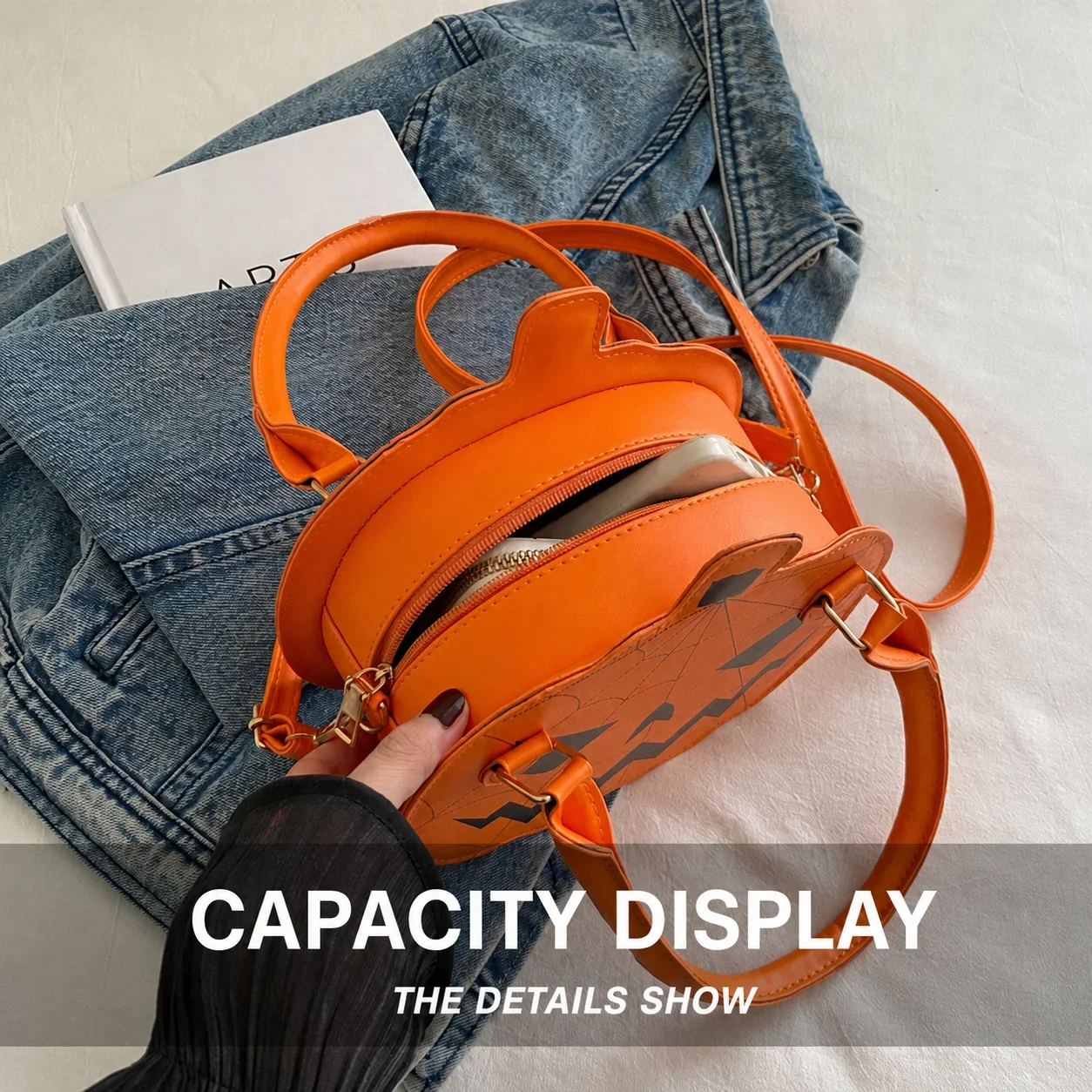 Pu Leather Crossbody Handbag Casual Street Trend Handbag Round Shoulder Bag Pu Leather Halloween Pumpkin Shaped Bag For Holiday