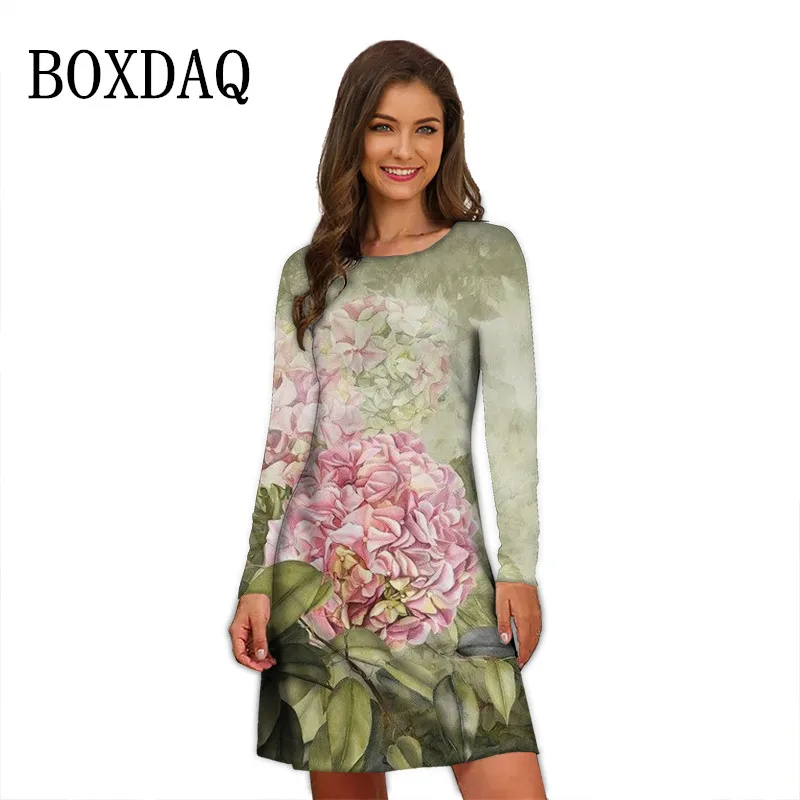 Pink Petals Dress Women 3D Print Green Leaves Dress Autumn Loose Oversized Clothing Fashion Long Sleeve Casual O-Neck Mini Dress