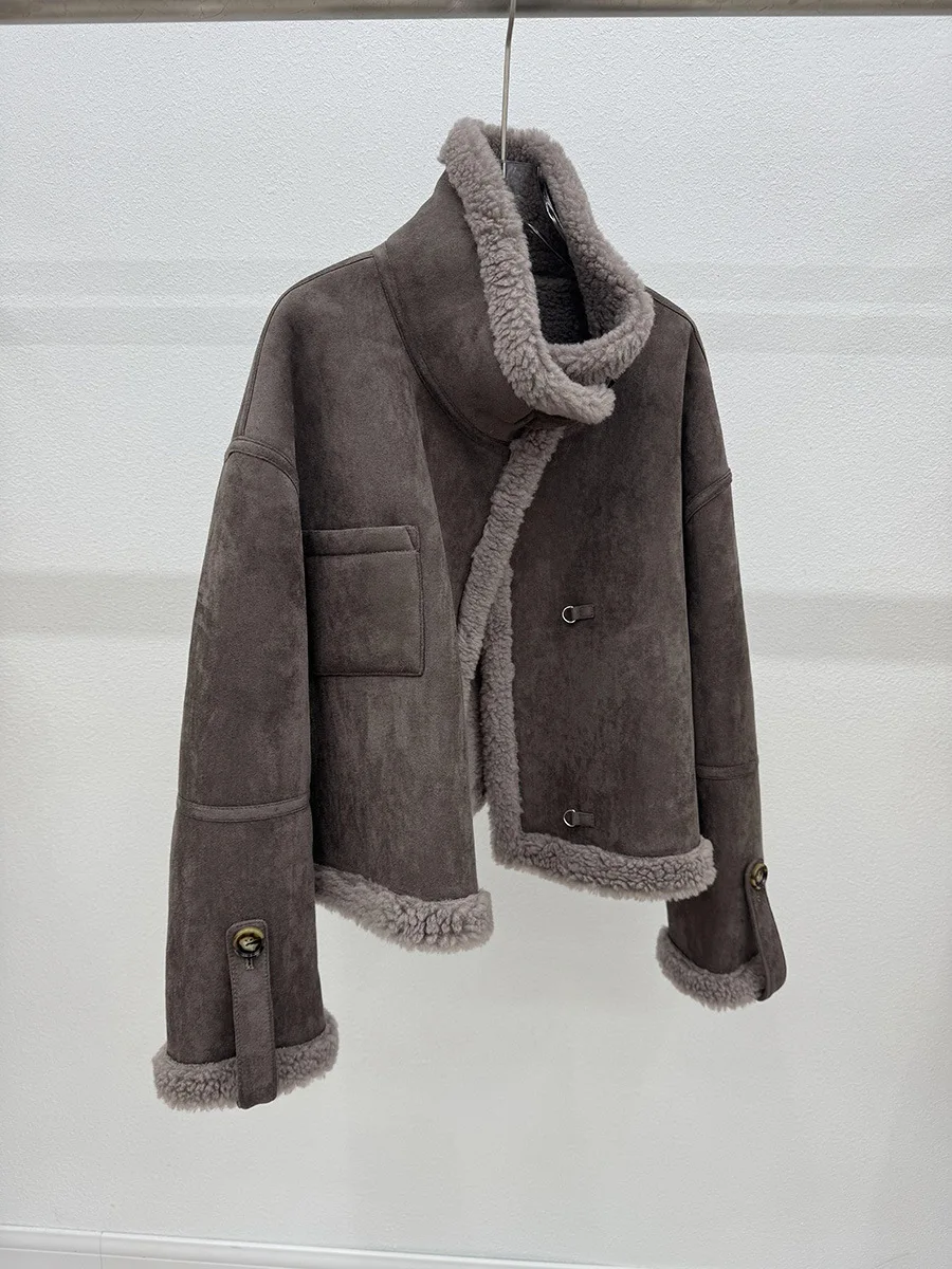 معطف قصير من الصوف المدبوغ من الفرو الصناعي للشتاء للنساء #4