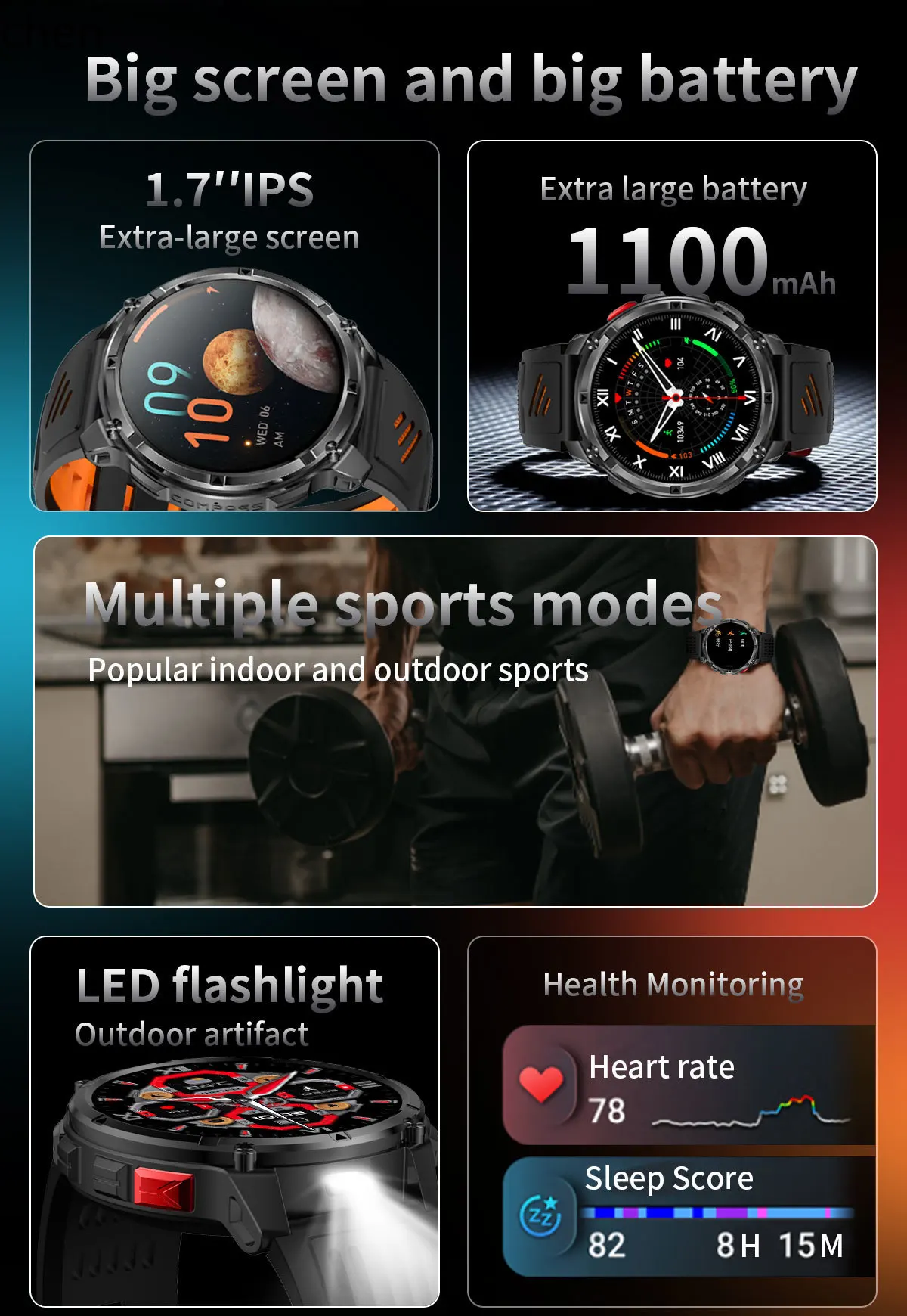 YFY Smartwatch Waterproof 1.7inch Display Screen Compass Outdoor Sports